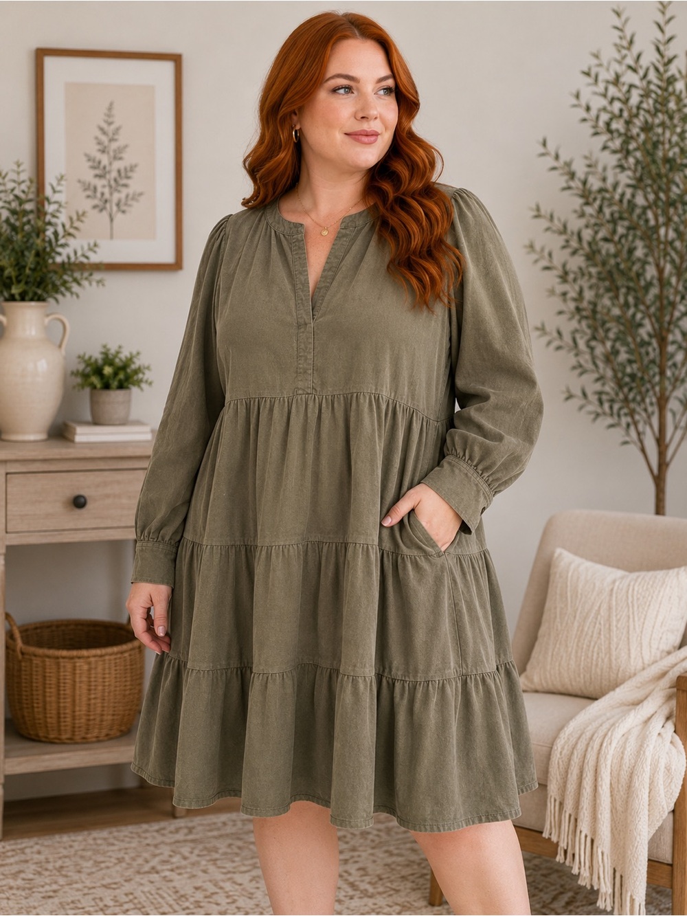 Time and Tru Olive Green Tiered Long-Sleeve Dress